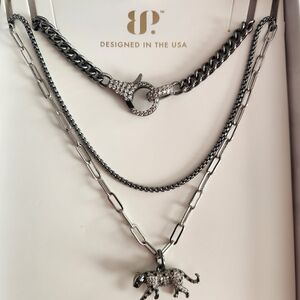 Luxe Layers Bomb Party Silver and Gunmetal Layered Necklace with Panther Pendant